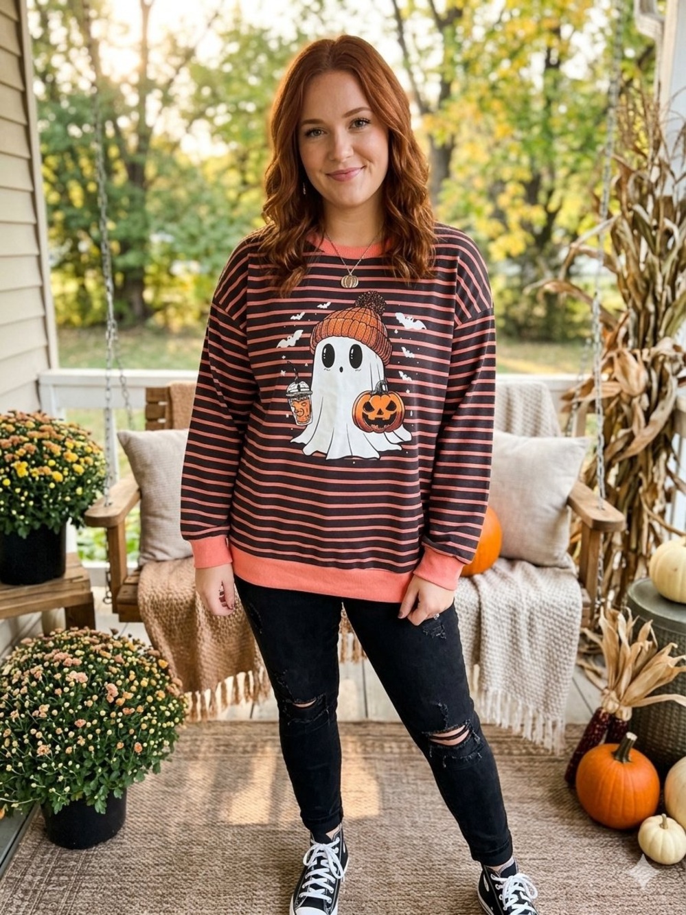 NWOT Halloween Ghost Striped Sweatshirt Coral Pink Black Cute Fall Cozy Crewneck